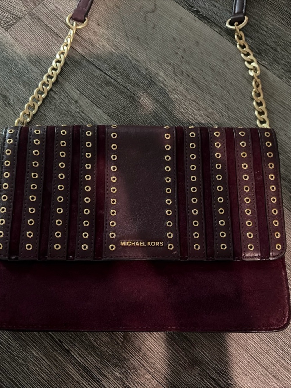Michael Kors Wine Red and Gold Grommet Shoulder Bag